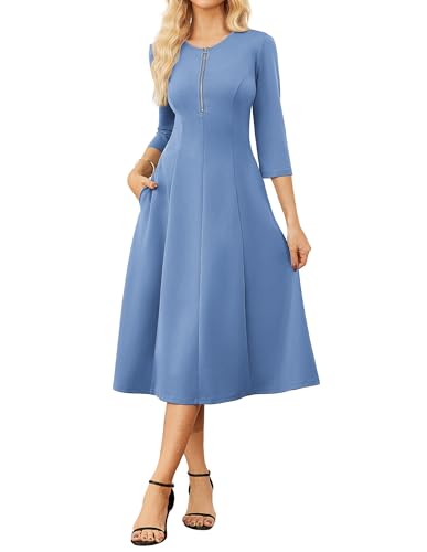 Damen Kleider Festliche Elegant A-Linie 3/4 Langarm Kleid Herbst Damen Midi Rockabilly Cocktailkleid Graublau XXL von GRACE KARIN