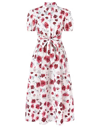 Damen Kurzarm High Waist Strandkleid Sommer Lightweight Fließendes A-Linie Freizeitkleid Loose Fit Blusenkleit mit Knöpfen Rose M von GRACE KARIN
