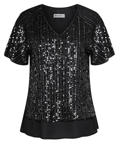 Damen Kurzarm Locker Passform Sparkle Shimmer Weste V-Ausschnitt Solid Farbe Glitter Party Oberteil Schwarz L von GRACE KARIN