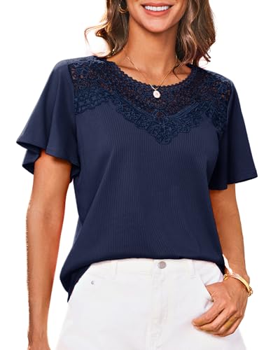Damen Kurzarm Shirt Rundhals Bluse Spitzen Oberteile Elegant Oberteile Casual Rüschenbluse T-Shirt Marineblau M von GRACE KARIN