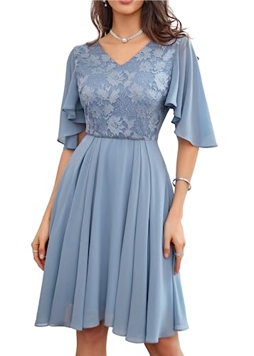 Damen Lace Oberteile Chiffonkleid V-Ausschnitt A-Line Geschneidert Partykleid mit Kurze Fledermausärmel Elegant Klassisch Hochzeit Grau Blau 48 von GRACE KARIN