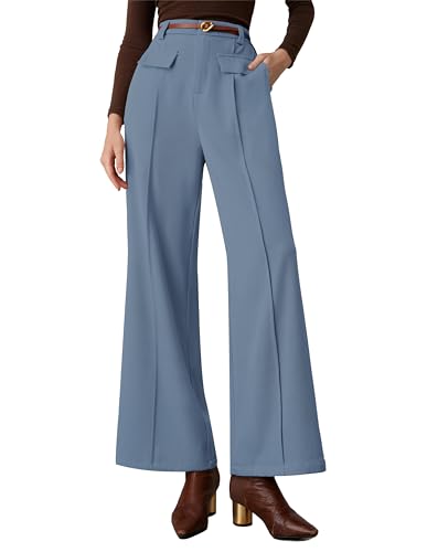Damen Lässige Business Hose Hose Loose Gerade Palazzo Hose mit Taschen Hohe Taille Bürohose Grau Blau L von GRACE KARIN