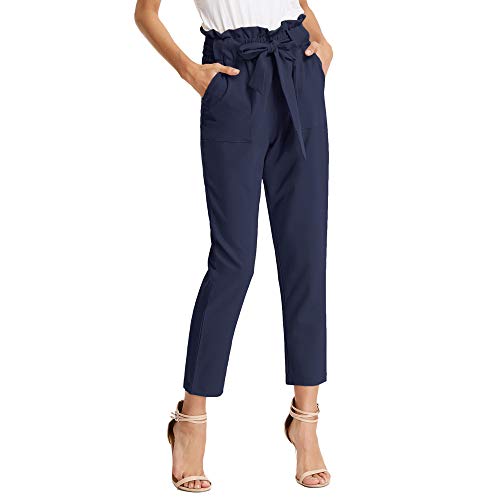 Damen Lässige Hose Casual Elastische Taille Schleife Gürtel Hohe Taille Hose Hohe Taillenhose Cropped Hosen Casual Elastische Taille Schleife Gürtel Hohe Taille Hose Navy Blau CLAF1011-8_S von GRACE KARIN