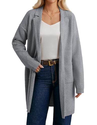 Damen Lässige Strickjacke Lang Loose Fit Gerippter Saum Stricken Festlich Cardigan mit Taschen CL249-04/Grau XXL von GRACE KARIN