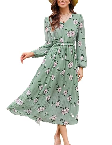 Damen Langarm Bohokleid Vintage A-Linie V-Ausschnitt Freizeitkleid Blumendruck Cocktailkleid mit Faltenrock Casual Lässig Kleid Grün mit weißer Blumen L von GRACE KARIN