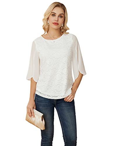 Damen Langarm Chiffon Tops Rundhals Lange Ärmel Loose Fit Casual Tshirt L Weiß CL2059S23-01 von GRACE KARIN