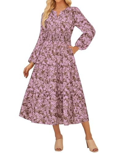 Damen Langarm Kleid Elastischer Taille V-Ausschnitt A-Linie Boho Maxikleid Elegant mit Taschen CL37-07/Braun mit rosa Blume S von GRACE KARIN