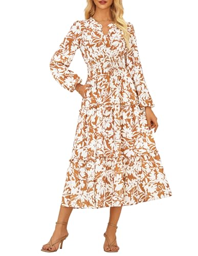 Damen Langarm Kleid Lang A-Linie Vintage V-Ausschnitt Blumenkleid Elegant Hochzeitsgast Kleid Orangegelb Beige L von GRACE KARIN