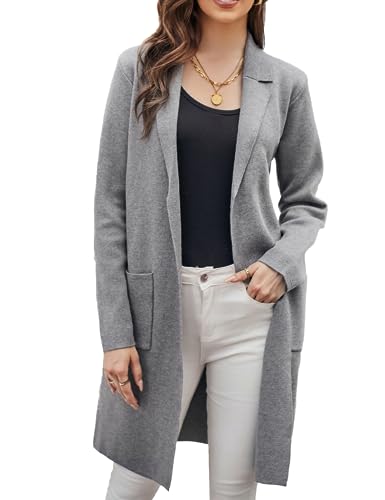 Damen Langarm Offene Strickjacke Vintage Grau Mittellang Strickjacke Grau L von GRACE KARIN