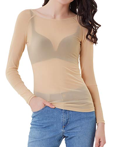 Damen Langarm Shirt Transparent Tüll Mesh Bluse Body T-Shirt Tunika Tops 2XL Apricot CL011046-3 von GRACE KARIN