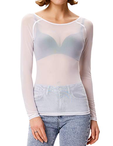 Damen Langarm Shirt Transparent Tüll Mesh Bluse Body T-Shirt Tunika Tops 2XL Ivory weiß CL011046-2 von GRACE KARIN