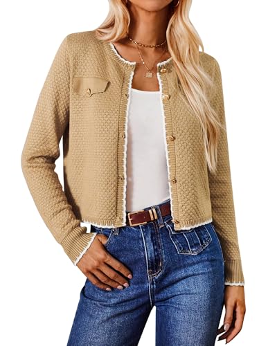 Damen Langarm Strickjacke Business Büro Jacke Weiche Gestrickt Cardigan Runhals Vintage Schulterjacke Khaki XL von GRACE KARIN