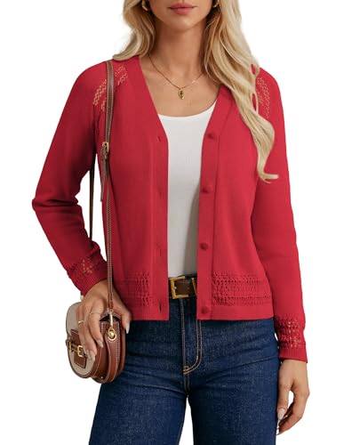 Damen Langarm Strickjacke locker lässig leichtes Frauen Herbst Langarm Pullover Rot von GRACE KARIN