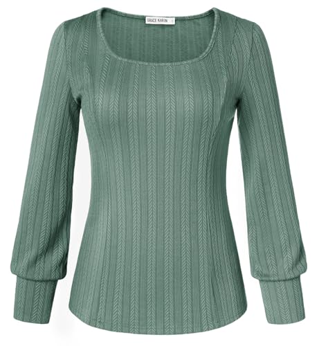 Damen Langarm Sweateshirt Casual Leicht Tunika Einfarbig Strickpullover XXL Graugrün von GRACE KARIN