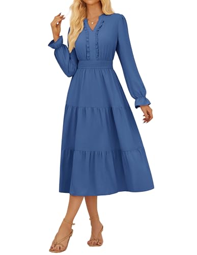 Damen Laternenärmel Kleid Freizeit Leicht Geschichtet A Linie Midi Kleid XL Denim Blau von GRACE KARIN