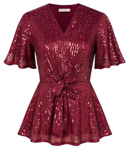 Damen Leicht Bluse Funkelnde Pailletten Shirt Casual Tops Elegant Bluse Kurzarm T-Shirt Tanzenparty Disco Outfit Rotwein XL von GRACE KARIN