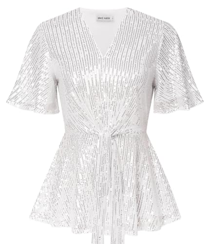Damen Leicht Bluse Funkelnde Pailletten Shirt Casual Tops Elegant Bluse Kurzarm T-Shirt Tanzenparty Disco Outfit Silber XL von GRACE KARIN