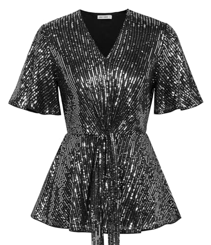 Damen Leicht Bluse Funkelnde Pailletten Shirt Casual Tops Elegant Bluse Kurzarm T-Shirt Tanzenparty Disco Outfit Silber auf Schwarz XL von GRACE KARIN