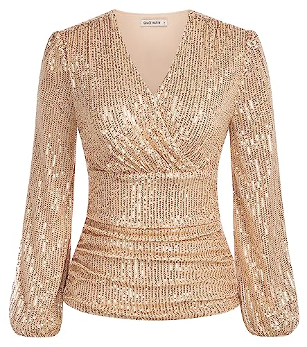 Damen Leicht Glitzer Shirt Langarm mit Rüschen Bluse Pailletten Tops Elegant Festlich Tunika XXL Champagner von GRACE KARIN