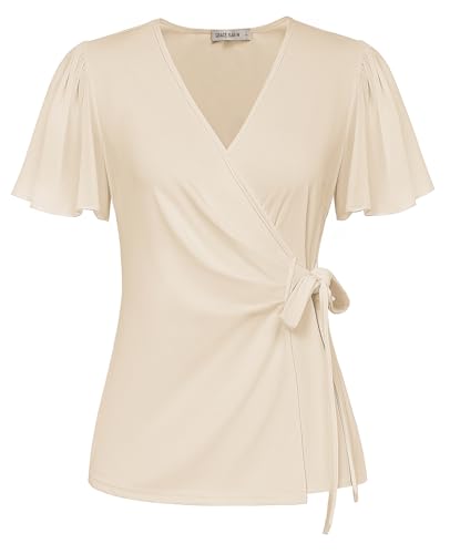 Damen Leicht Sommer Shirt Chiffon Kurzarm Blusenshirt Klassischer V-Ausschnitt Wickelbluse Einfarbig Tops Strand Urlaub Aprikose XXL von GRACE KARIN