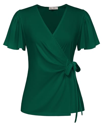 Damen Leicht Sommer Shirt Chiffon Kurzarm Blusenshirt Klassischer V-Ausschnitt Wickelbluse Einfarbig Tops Strand Urlaub Dunkel Grün XXL von GRACE KARIN