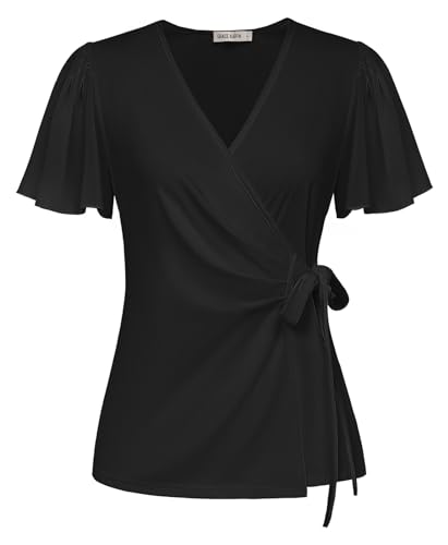 Damen Leicht Sommer Shirt Chiffon Kurzarm Blusenshirt Klassischer V-Ausschnitt Wickelbluse Einfarbig Tops Strand Urlaub Schwarz XXL von GRACE KARIN