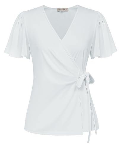 Damen Leicht Sommer Shirt Chiffon Kurzarm Blusenshirt Klassischer V-Ausschnitt Wickelbluse Einfarbig Tops Strand Urlaub Weiß XXL von GRACE KARIN