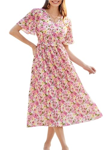 Damen Leichte Blumenkleid Boho Sommer Freizeitkleid Kurzarm Rüschen A-Linie Kleid mit Elastischer Taille Strandkleid Rosa XXL von GRACE KARIN