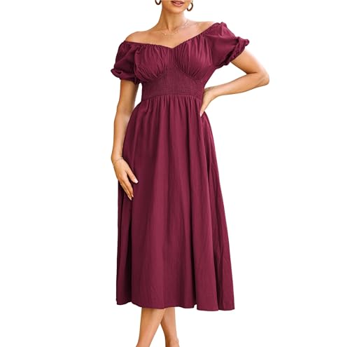 Damen Lockere Freizeitkleid Elegant Puffärmel Rüschenkleid Sommer A-Linie Kleid V-Ausschnitt Abendkleid Sommer Strand Dunkelrot XXL von GRACE KARIN