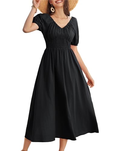 Damen Lockere Freizeitkleid Elegant Puffärmel Rüschenkleid Sommer A-Linie Kleid V-Ausschnitt Abendkleid Sommer Strand Schwarz XXL von GRACE KARIN