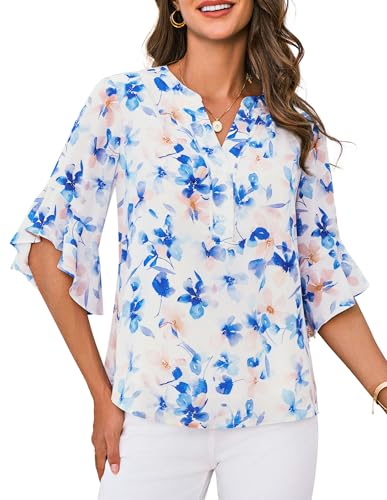 Damen Lockere Übergrößen Bluse Leichte Chiffon Blumenmuster Shirt Festliche Urlaub Oberteile Sommer Damenbluse Blaue Blumen XXL von GRACE KARIN