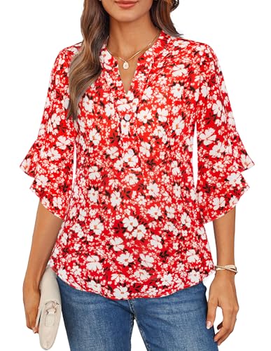 Damen Lockere Übergrößen Bluse Leichte Chiffon Blumenmuster Shirt Festliche Urlaub Oberteile Sommer Damenbluse Rot XXL von GRACE KARIN