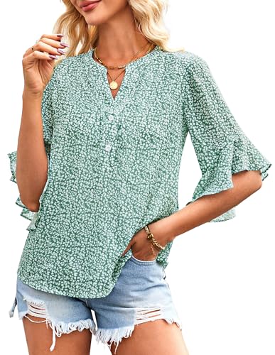 Damen Luftige Fließende Bluse Elegant Henley V-Ausschnitt Büro Blusenshirt Lose Blumenmuster Tunika Frühjahr Sommer Tops Grün M von GRACE KARIN