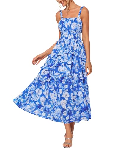 Damen Maxikleid Blumenkleid Ärmellos Sommerkleid A Linie Trägerkleid Elegant Freizeitkleid Blaue Weiße Blumen M von GRACE KARIN