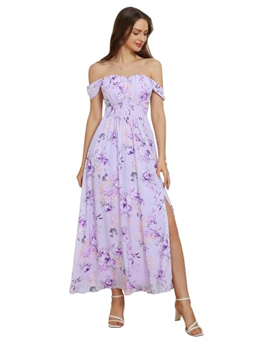 Damen Maxikleid Schlitz Ärmellos Casual Kleid A-Linie Spaghettiträger Freizeitkleid V-Ausschnitt Cocktailkleid L Lila-Blume CL2653S24-02 von GRACE KARIN