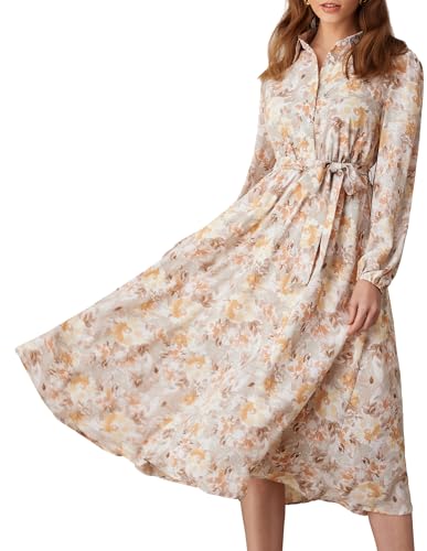 Damen Midi Blumenkleid Herbstliches Langärmeliges Hoher Taille Kleid mit Gürtel Freizeit A-Linien Kleid Grün-Orangenblüte XL von GRACE KARIN
