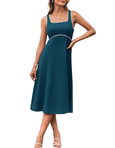 Damen Midi Sommerkleid Elegant A Linie Trägerkleid Casual Shirtkleid Ärmellos Freizeitkleid Blaugrün L von GRACE KARIN