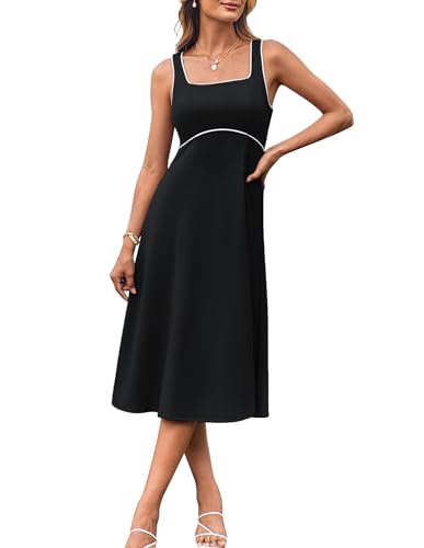 Damen Midi Sommerkleid Elegant A Linie Trägerkleid Casual Shirtkleid Ärmellos Freizeitkleid Schwarz L von GRACE KARIN