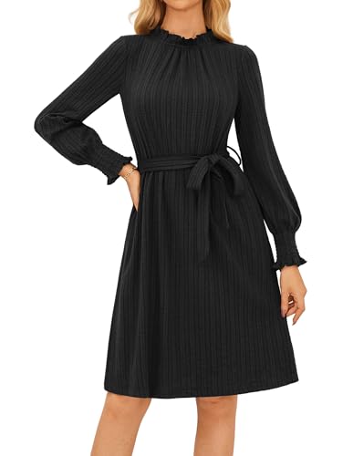 Damen Midikleider Tunika Kleid Herbstkleid Langarm Minikleid Freizeitkleid Elegant Ribbed A-Linie Kleider Schwarz M von GRACE KARIN