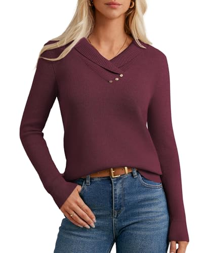 Damen Mode Solid Farbe Langarm Strickpullover Reverskragen Sweaters Einfarbig Tunika Blusen Dunkelrot XL von GRACE KARIN