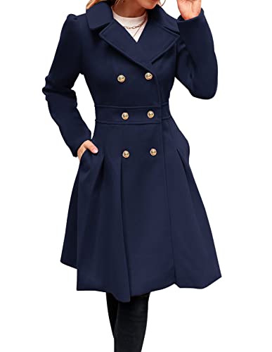 GRACE KARIN Damen Navyblau Wintercoat Mantel Langarm Doppelknopf Revers Wintermantel Warm Jacke einfarbig Mantel casual style Outwear 2XL CL0977A21-07 von GRACE KARIN
