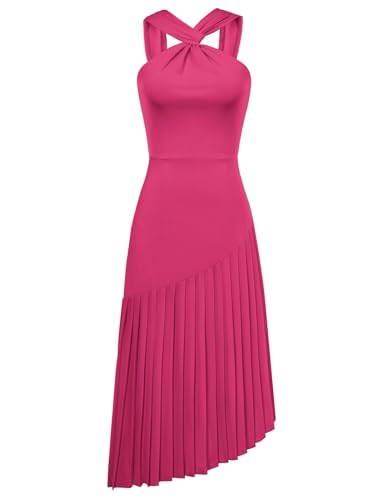 Damen Neckholder A-Linie Kleid Casual Sommerkleid Einfarbig Ärmellos Maxikleid mit Faltenrock Rose Rot 36 von GRACE KARIN