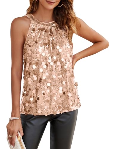 Damen Neckholder Bluse Loose Fit Rundhals Tops Pailletten Oberteil Oberteile T-Shirt Champagnergold XXL von GRACE KARIN