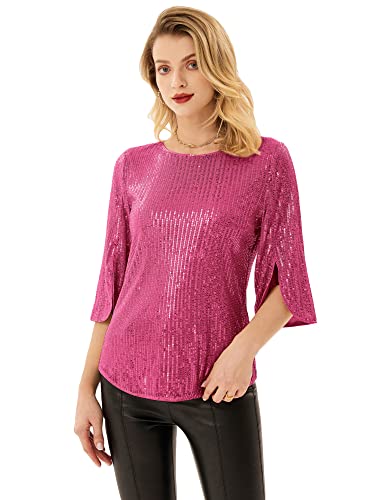 Damen Pailletten Bluse Langarm Rundhals Loose Fit Casual Elegant Tops M Rosa Rot CL1777A22-12 von GRACE KARIN