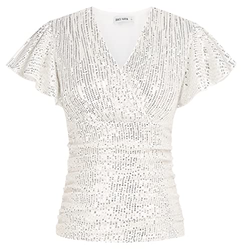 Damen Pailletten Chorhemd mit V-Ausschnitt Shirt Elegant Kurzarm Bluse Vintage Casual Tops Tunika Silber Weiss XL von GRACE KARIN