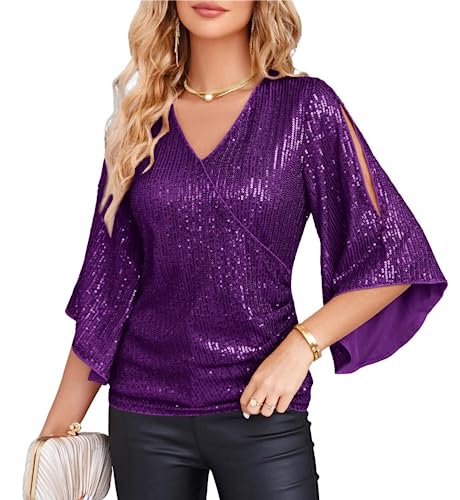 Damen Pailletten Glitzer Bluse Langarm V-Ausschnitt Shirt Slim Fit Tunika Elegant Casual Violett Pailletten S von GRACE KARIN