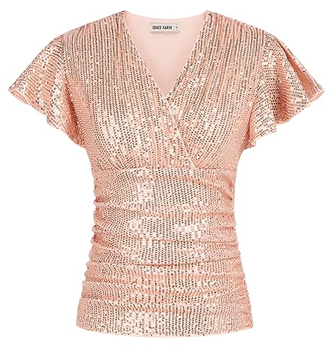 Damen Pailletten Glitzer Bluse V-Ausschnitt Slim Fitt Shirt Cocktail Festlich Tunika Elegant von GRACE KARIN