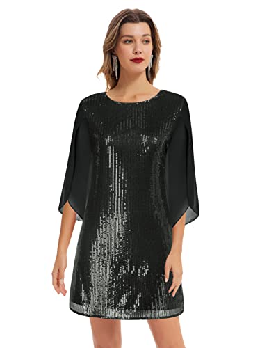 Damen Pailletten Kleid 3/4 Ärmel Party Cocktailkleid Club Glitzer Kleid Vintage MidiKleid Festlich Hochzeit Abendkleid XL Schwarz-Pailletten CL1812A22-02 von GRACE KARIN