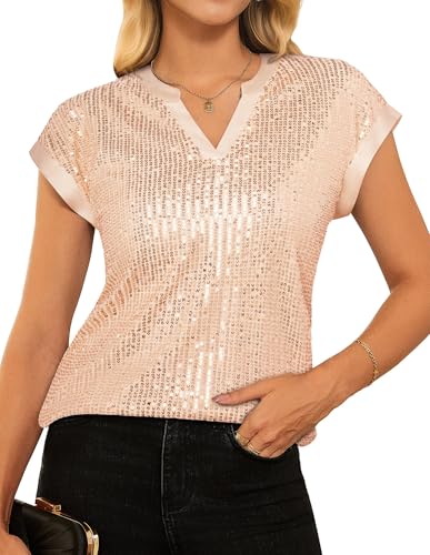 Damen Pailletten Oberteil Freizeit Cap Ärmel Party Festlich Club Glitzer Tops S Aprikose von GRACE KARIN