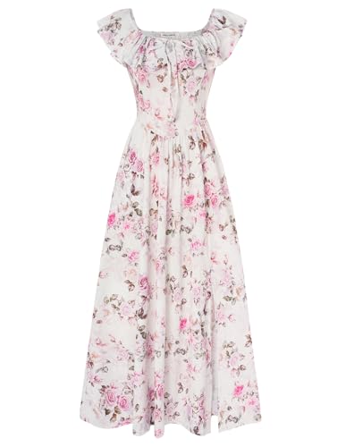 Damen Party Kleider Schulterfrei A-Linie Maxi Hochzeitsgast Jugendweihe Kleider für Sommer CL0213-09/Grünblättrige Rose geblümt S von GRACE KARIN